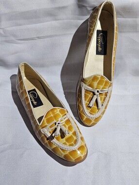 Pappagallo Leather Upper Yellow And Tan Croc-Embossed Tassel Loafers Size 9N